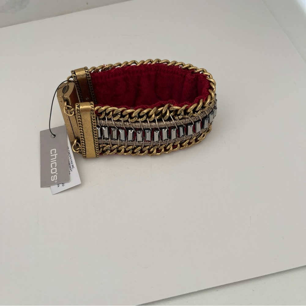 Chico's Gold-Tone Bracelet with Red Fabric Inlay